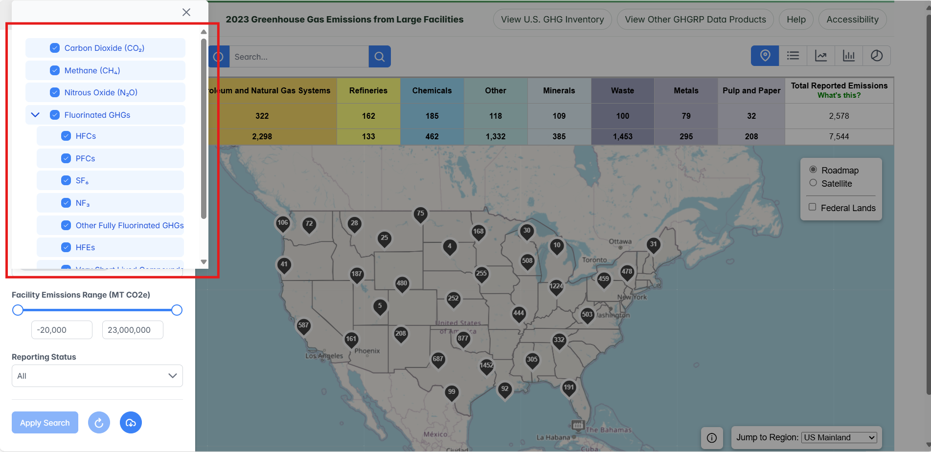 Types of emissions checkbox