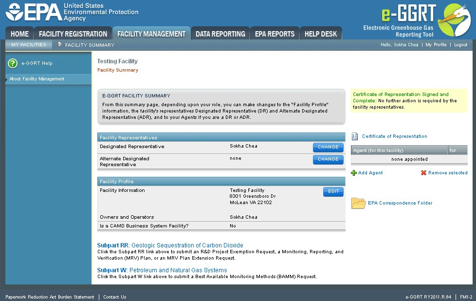 Certificate of Representation Page