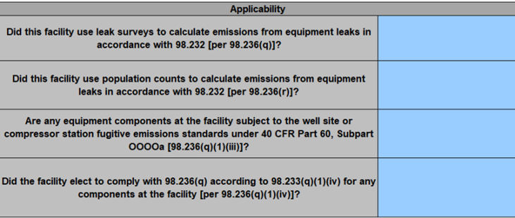 image of applicability table for Equipment Leaks Surveys and Population Counts