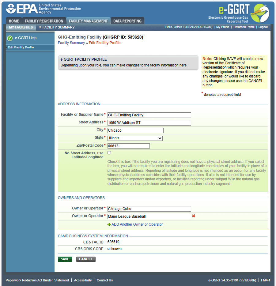 e-GGRT's Edit Facility Profile screen