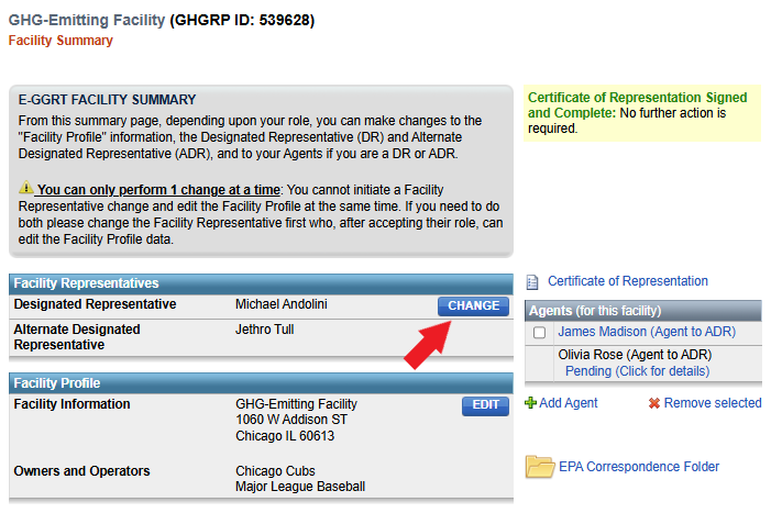 Location of the DR CHANGE button on the Facility Summary page.