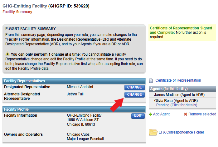 The CHANGE ADR button on the Facility Summary page
