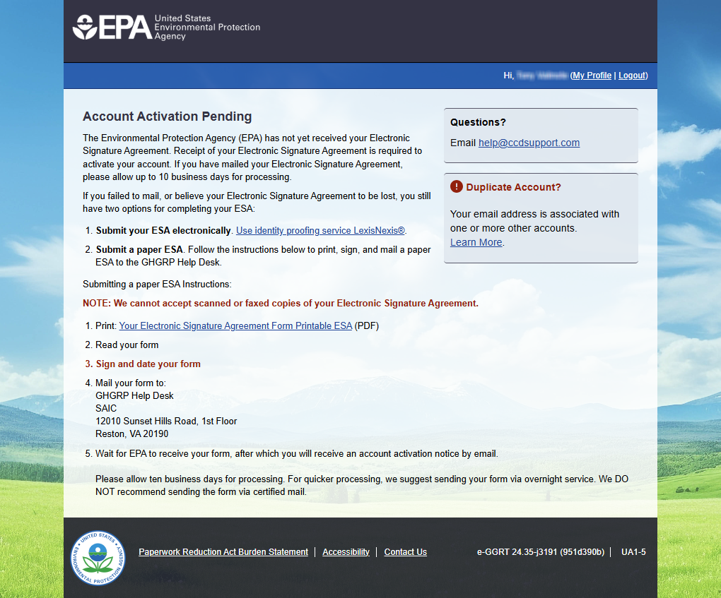 The Account Activation Pending page with options to print your ESA or use LexisNexis.