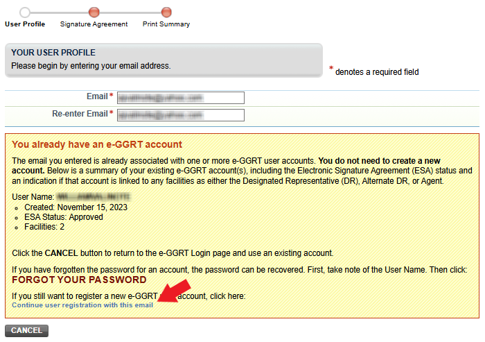 Check if the email is already registered in e-GGRT