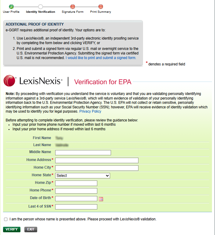 The Identity Verification step in user registration - the LexisNexis form or the option to print.